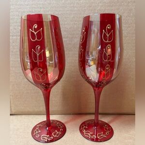 Pier 1  Red & Gold Christmas Dove Wine Glasses Set Of 2